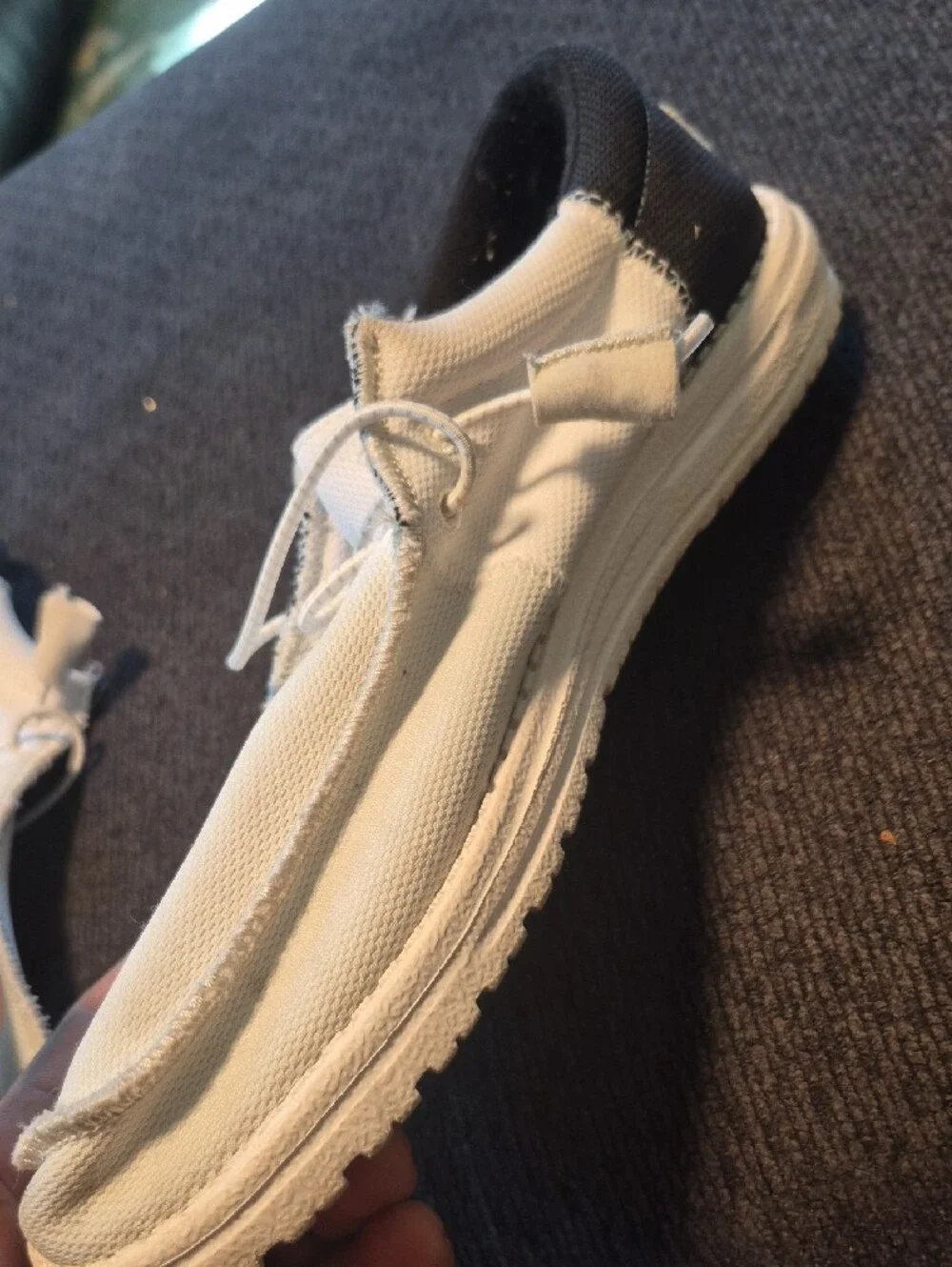 Hey Dude White Canvas Slip-On Loafers with Black Collar
